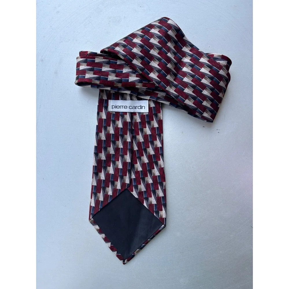 Pierre Cardin Mens Silk Tie Burgundy Navy Geometric Abstract Pattern Classic